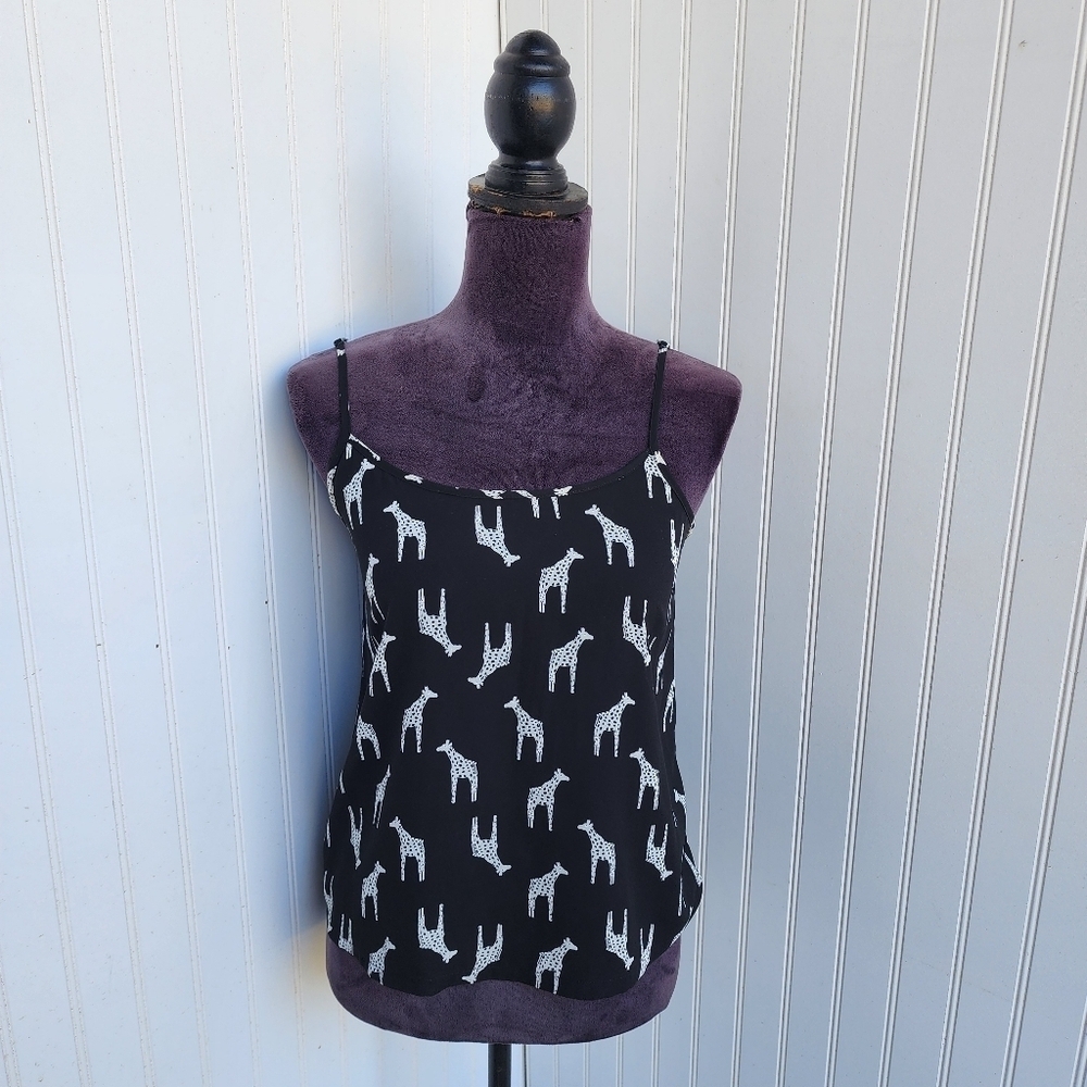 NWT La Hearts Women's Top Size S White Giraffes on Black Spaghetti Straps T15